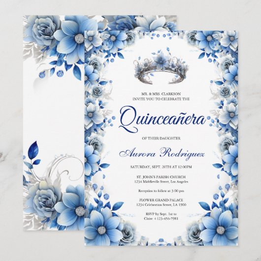 Elegante Blauwe & Zilveren Bloemen Tiara Quinceañe Kaart (Voorkant / Achterkant)