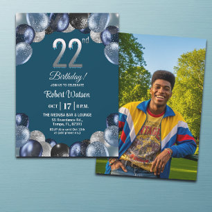 Elegante Blauwe Zilveren Glitter 22e Verjaardagsfo Kaart