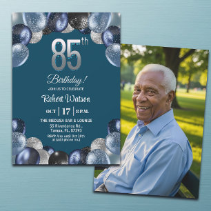 Elegante Blauwe Zilveren Glitter 85e Verjaardagsfo Kaart
