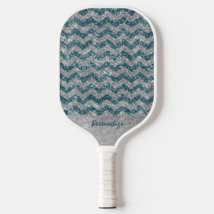 Elegante Blauwe Zilveren Glitter Chevron Zig Zag Pickleball Paddle