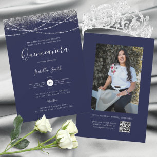 Elegante Blauwe Zilveren Glitter Foto Quinceanera Kaart