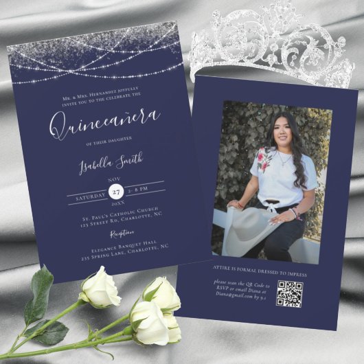 Elegante Blauwe Zilveren Glitter Foto Quinceanera Kaart