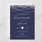 Elegante Blauwe Zilveren Glitter Foto Quinceanera Kaart (Voorkant)