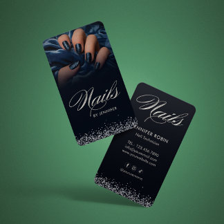 Elegante Blauwe & Zilveren Glitter Nagelsalon Bedr Visitekaartje