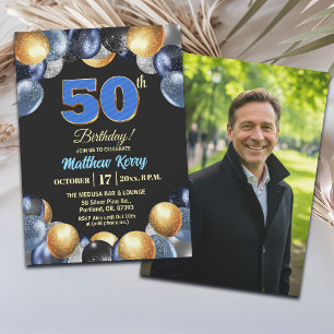 Elegante Blauwe Zilveren Gouden 50e Verjaardagsfot Kaart