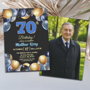 Elegante Blauwe Zilveren Gouden 70e Verjaardagsfot Kaart