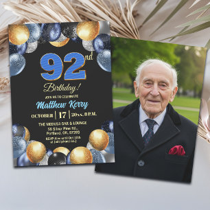 Elegante Blauwe Zilveren Gouden 92e Verjaardagsfot Kaart