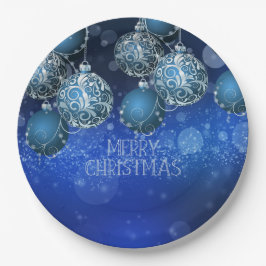 Elegante Blauwe & Zilveren Kerstballen Kerstmis Papieren Bordje