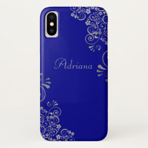 Elegante Blauwe Zilveren Krullen Aangepast Lettert Case-Mate iPhone Case