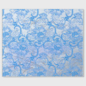 Elegante Blauwe Zilveren Paisley Bloemen Cadeaupapier (Vlak)