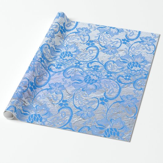 Elegante Blauwe Zilveren Paisley Bloemen Cadeaupapier (Uitgerold)