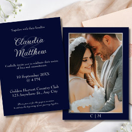 Elegante Blauwe & Zilveren Scriptie Foto Bruiloft Kaart