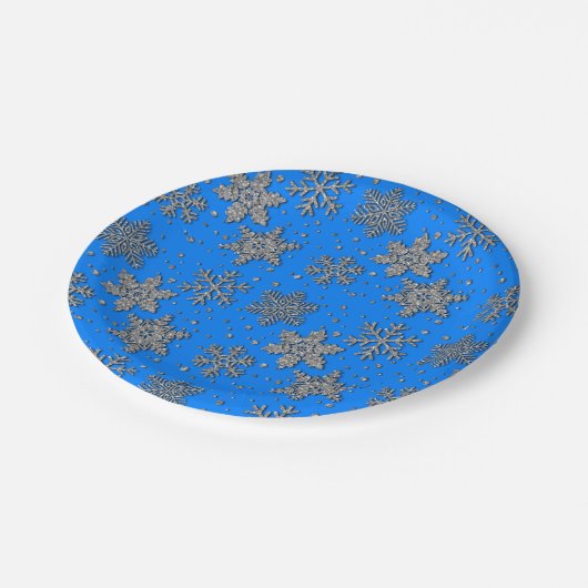 Elegante blauwe zilveren sneeuwvlokken papieren bordje (Gekanteld)