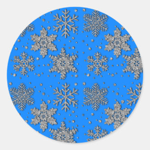 Elegante blauwe zilveren sneeuwvlokken ronde sticker