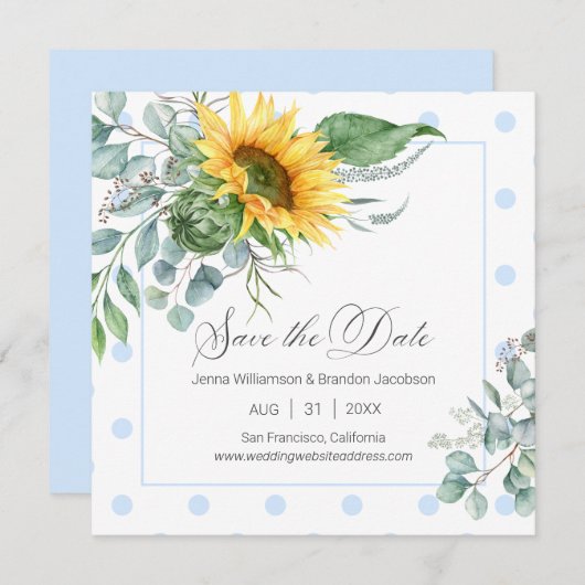 Elegante Blauwe Zonnebloem Eucalyptus Save the Dat Save The Date (Voorkant / Achterkant)