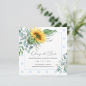 Elegante Blauwe Zonnebloem Eucalyptus Verander de Save The Date (Staand voorkant)