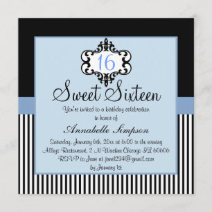Elegante blauwe & zwarte chic Sweet 16 uitnodiging