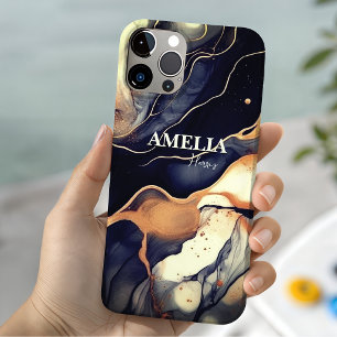 Elegante blauwe zwarte marmeren kunst nep goud gli Case-Mate iPhone 14 hoesje
