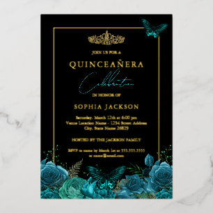 Elegante Blauwe Zwarte Vlinder Foto Quinceanera Folie Uitnodiging