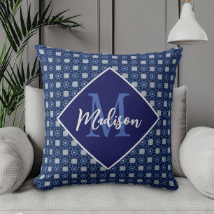 Elegante Blauwgrijze Initiaal Monogram Cadeau Kussen