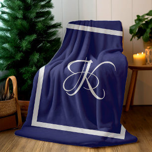 Elegante Blauwgrijze Monogram Eerste Letter Fleece Deken