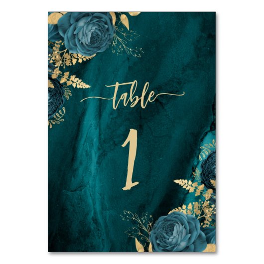 Elegante Blauwgroen Blauw Gouden Bloemen bruiloft Kaart (Achterkant)