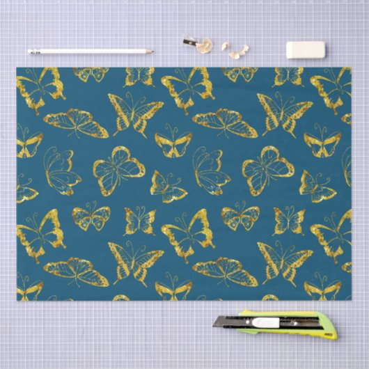 Elegante Blauwgroen Blauw Gouden Vlinders Tissuepapier (Craft)