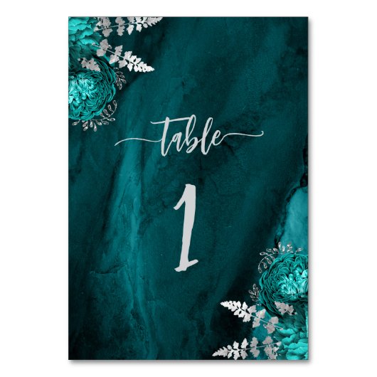 Elegante Blauwgroen Blauw Zilveren Bloemen Huwelij Kaart (Achterkant)