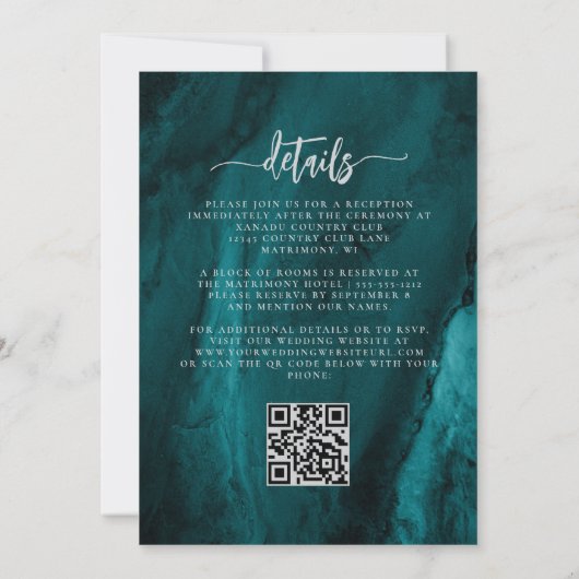 Elegante Blauwgroen Blauw Zilveren Bloemen QR Code Kaart (Achterkant)