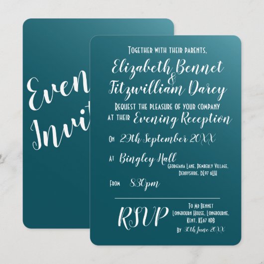 Elegante Blauwgroen Blauwe Avonduitnodiging Kaart (Voorkant / Achterkant)