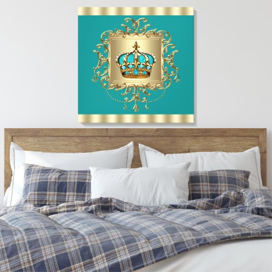 Elegante Blauwgroen Blauwe en Gouden Kroonprins Canvas Afdruk (Insitu (Slaapkamer))