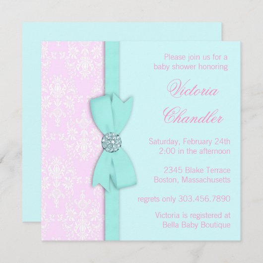 Elegante Blauwgroen Blauwe en Roze Baby Meisje Dou Kaart (Voorkant / Achterkant)