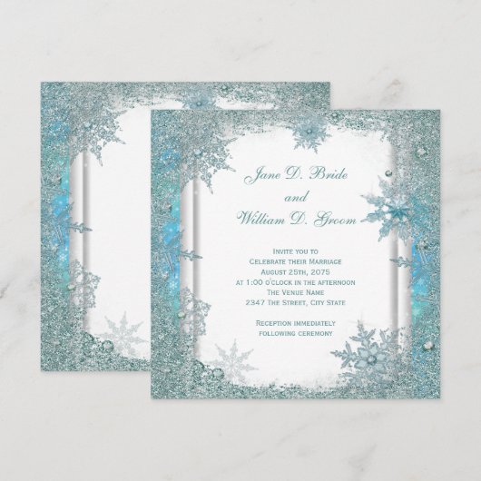 Elegante Blauwgroen Blauwe Sneeuwvlok bruiloft Kaart (Voorkant / Achterkant)