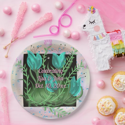 Elegante Blauwgroen Bloemen bruiloft Borden Papieren Bordje (Feest)