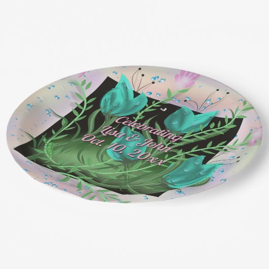 Elegante Blauwgroen Bloemen bruiloft Borden Papieren Bordje (Gekanteld)