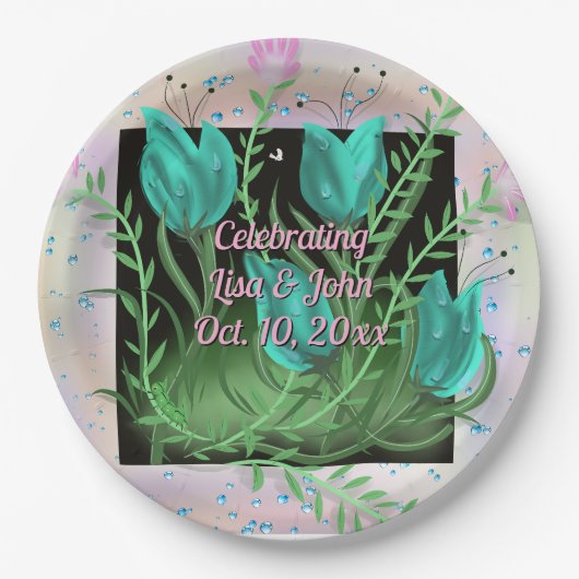 Elegante Blauwgroen Bloemen bruiloft Borden Papieren Bordje (Voorkant)