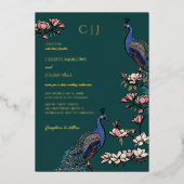 Elegante Blauwgroen Bloemen Pauw bruiloft Folie Uitnodiging (Voorkant)