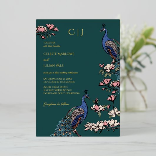 Elegante Blauwgroen Bloemen Pauw bruiloft Folie Uitnodiging (Staand Voorkant)