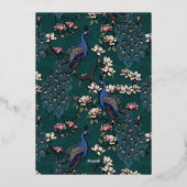 Elegante Blauwgroen Bloemen Pauw bruiloft Folie Uitnodiging (Achterkant)