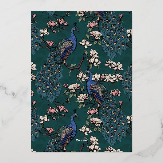 Elegante Blauwgroen Bloemen Pauw bruiloft Folie Uitnodiging (Achterkant)