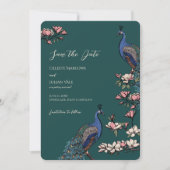 Elegante Blauwgroen Bloemen Pauw bruiloft Save The Date (Voorkant)