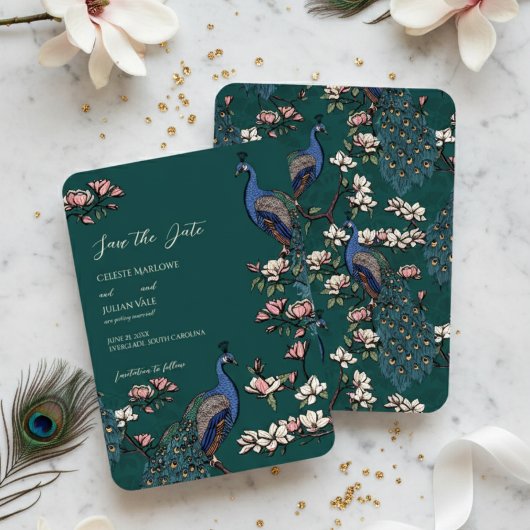Elegante Blauwgroen Bloemen Pauw bruiloft Save The Date
