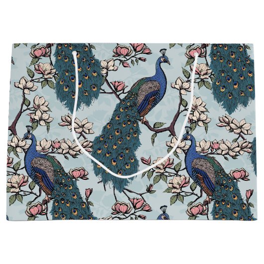 Elegante Blauwgroen Bloemen Pauw en Magnolia Bloem Groot Cadeauzakje (Voorkant)