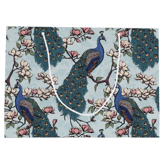 Elegante Blauwgroen Bloemen Pauw en Magnolia Bloem Groot Cadeauzakje (Achterkant)