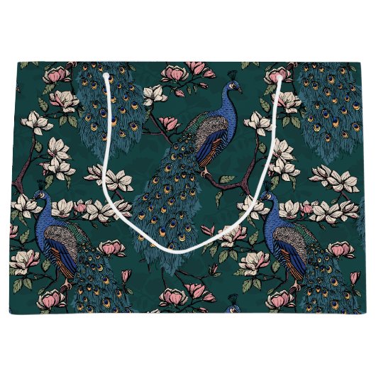 Elegante Blauwgroen Bloemen Pauw en Magnolia Bloem Groot Cadeauzakje (Voorkant)