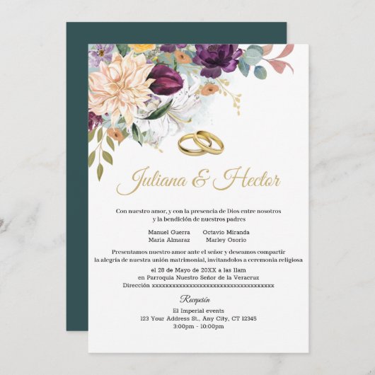 Elegante Blauwgroen bloemenbruiloft uitnodiging (Voorkant / Achterkant)