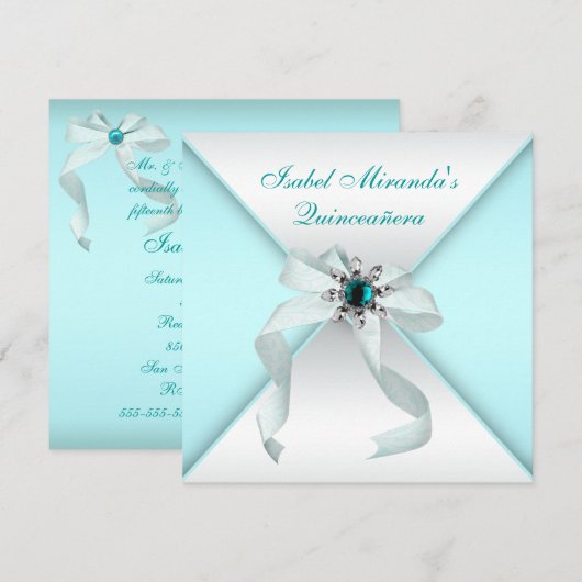 Elegante Blauwgroen Blue Quinceanera Party Kaart (Voorkant / Achterkant)