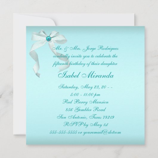 Elegante Blauwgroen Blue Quinceanera Party Kaart (Achterkant)