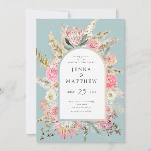 Elegante Blauwgroen Boheemse Bloemen Bruiloft Uitn Kaart (Voorkant)