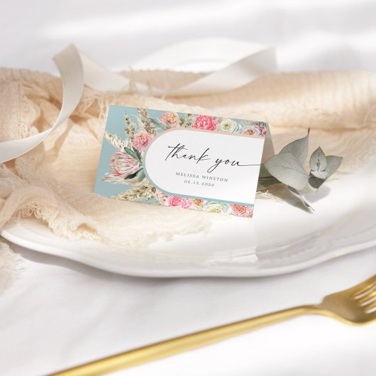 Elegante Blauwgroen Boheemse Bloemen Dank u kaart